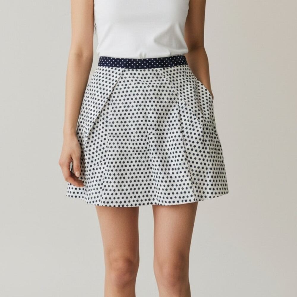 ZARA Pleated Nautical Shell Dotted Print Mini Pencil Skirt Pockets XS Blue White